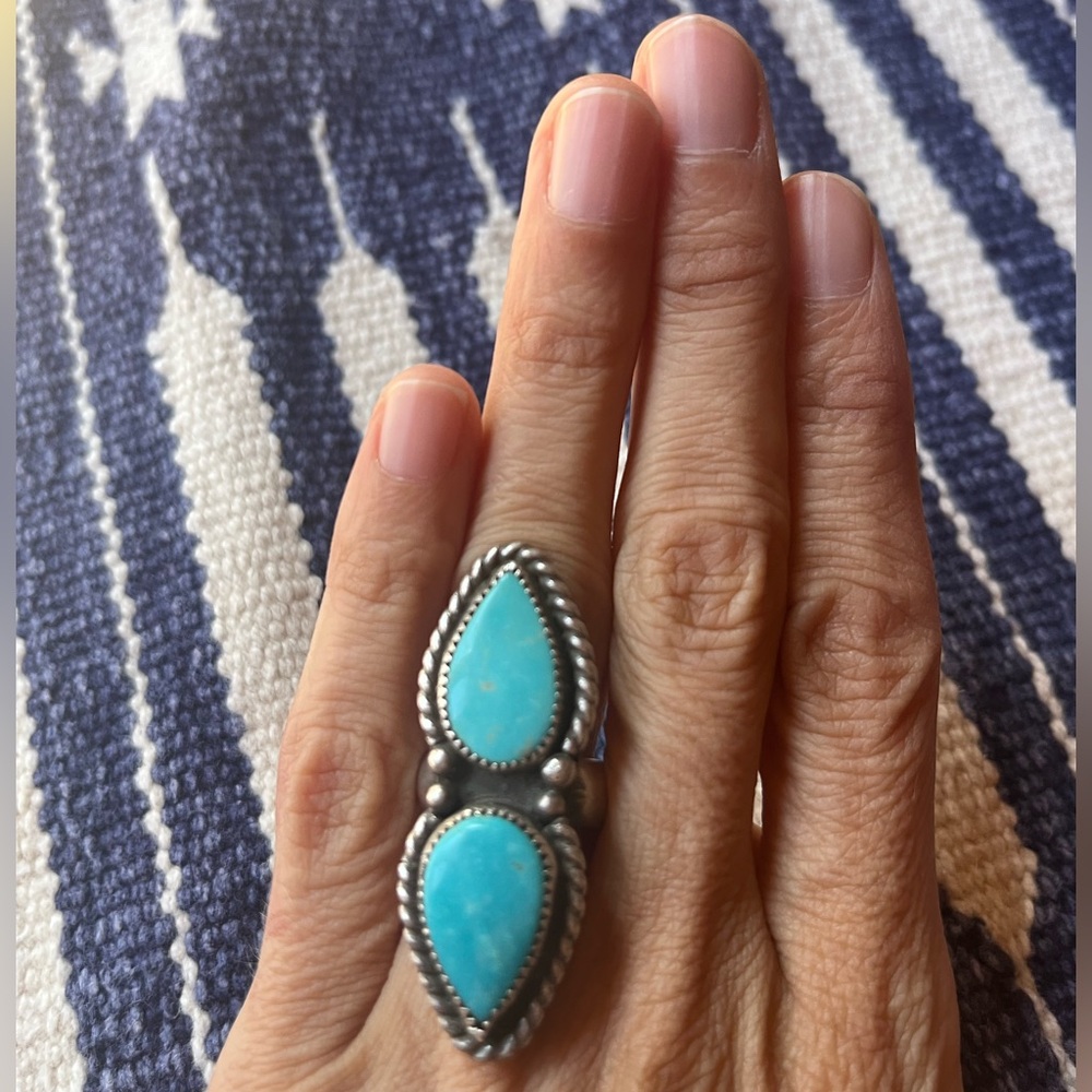 Stunning native made double turquoise long sterling ring size 5